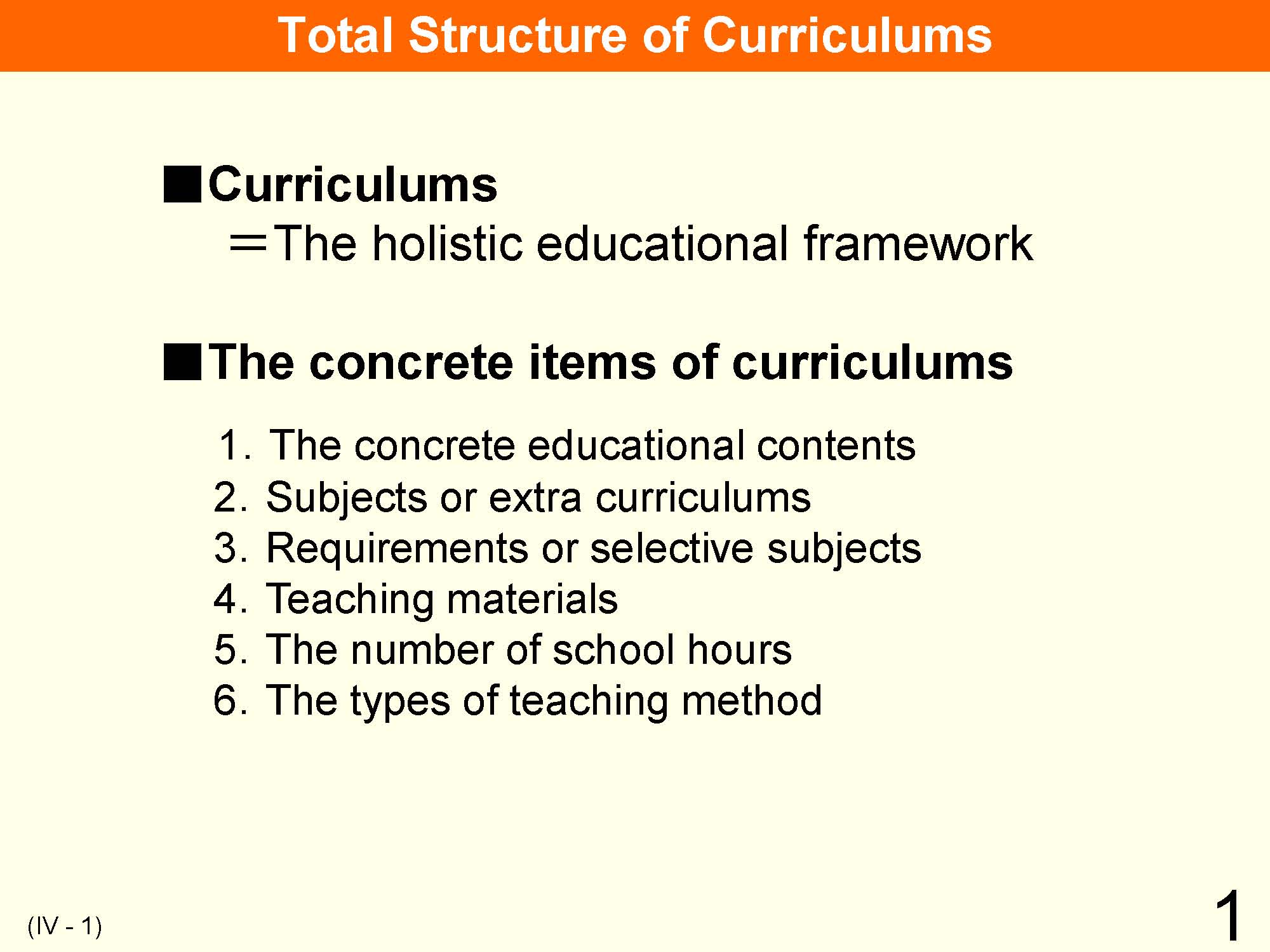 IV Organization and Implementation of Curriculum