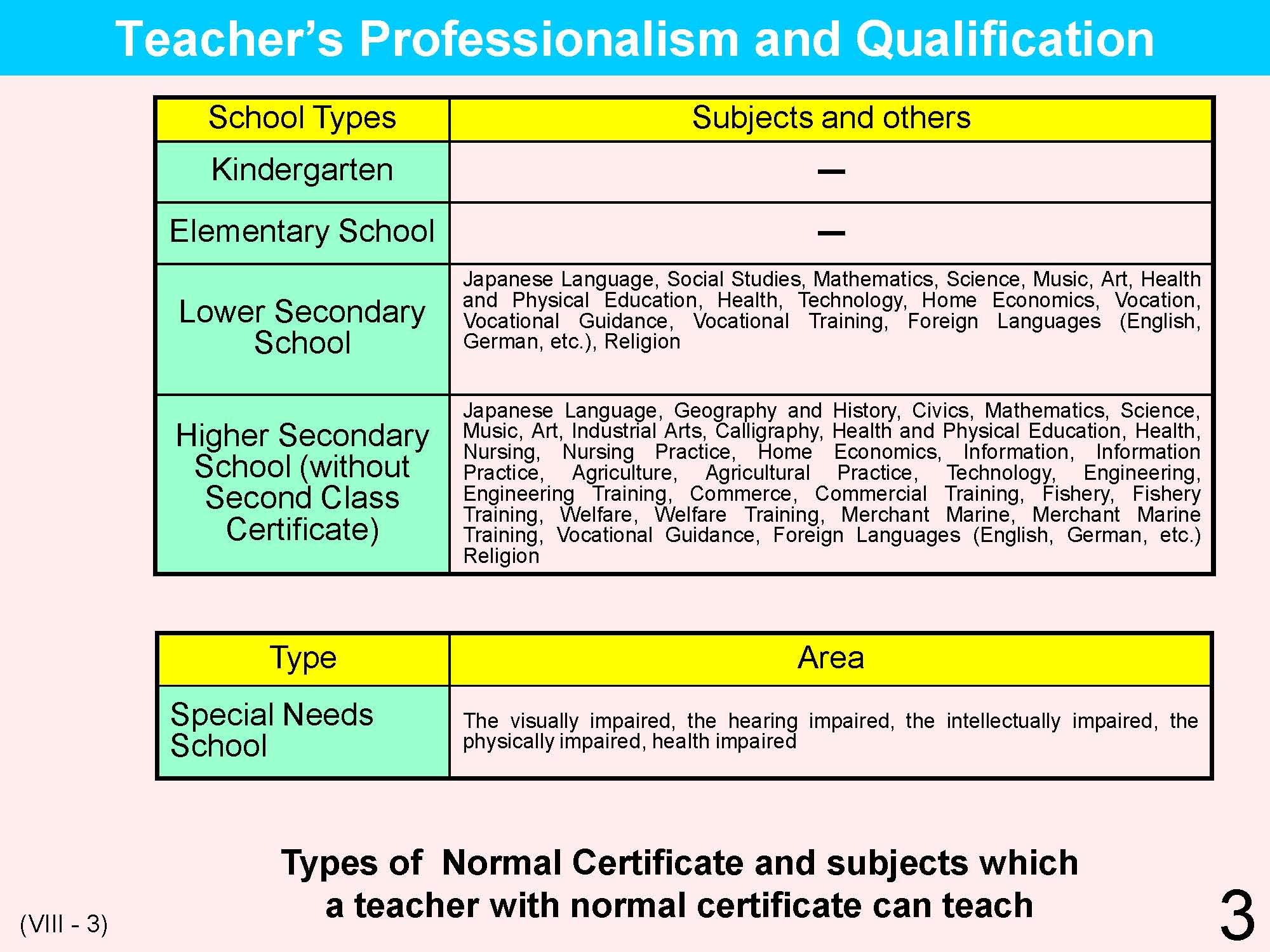 VIII Teacher's Qualifications / Training / Appointment