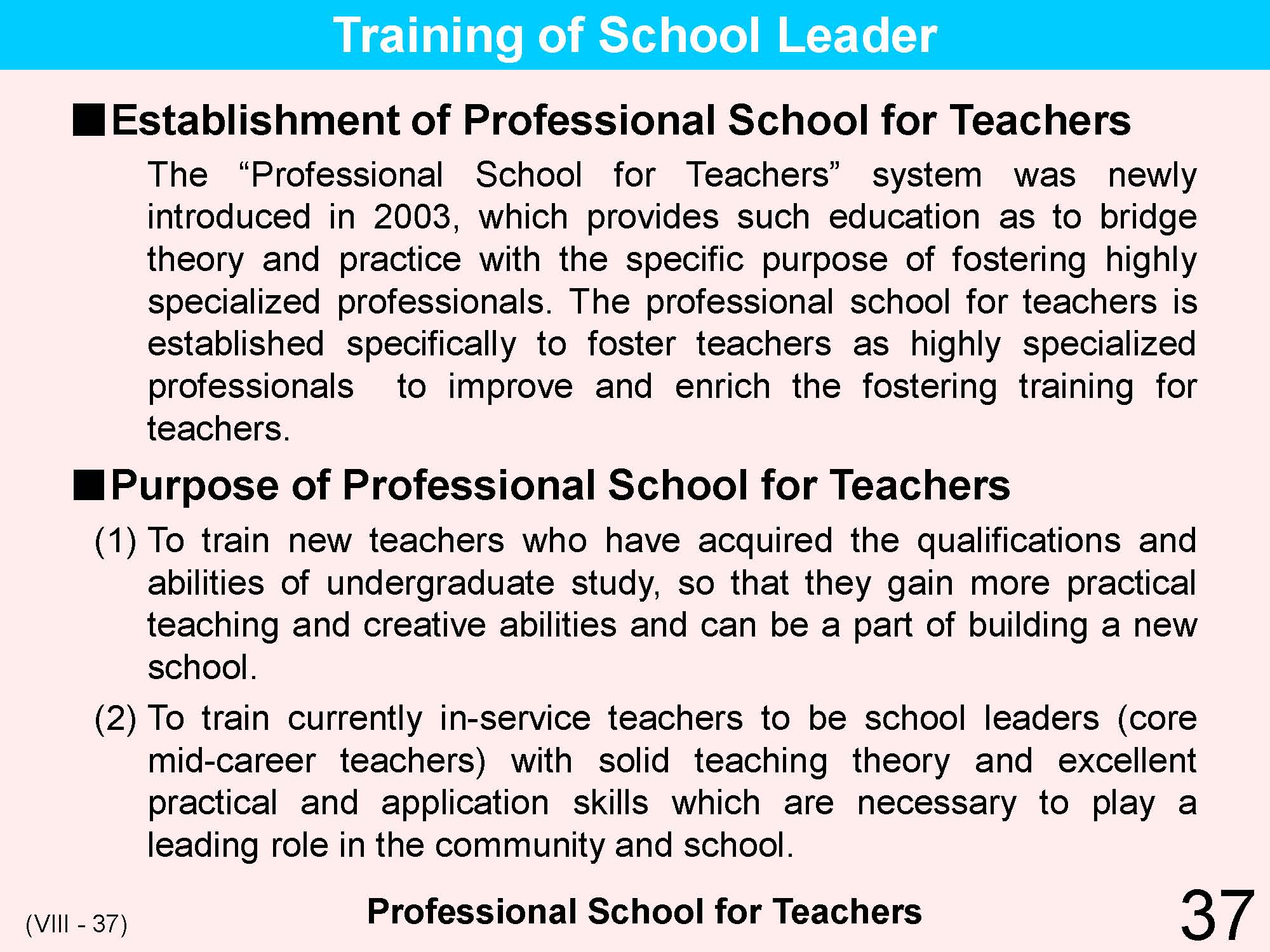 VIII Teacher's Qualifications/Training/Appointment