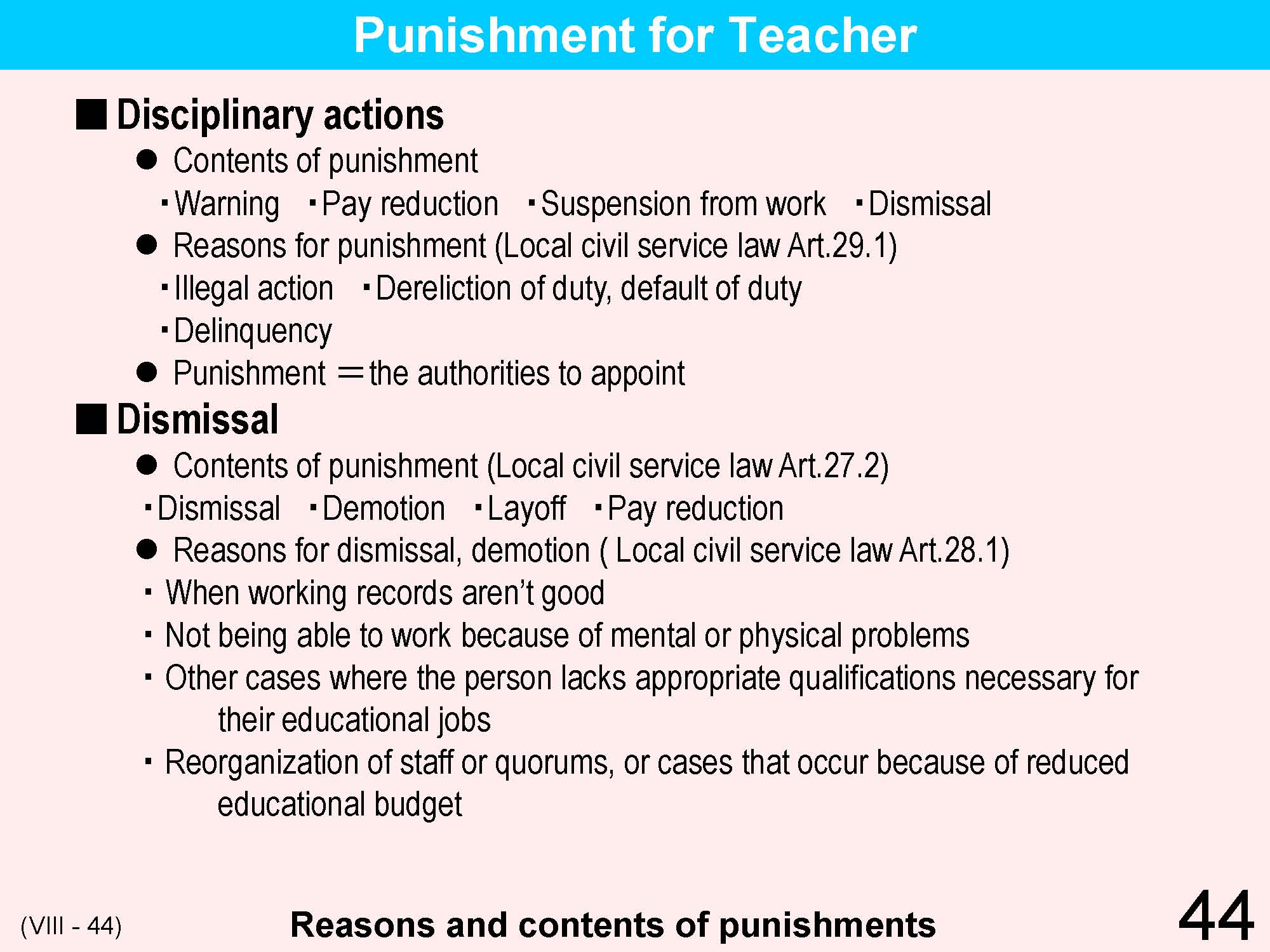 VIII Teacher's Qualifications/Training/Appointment